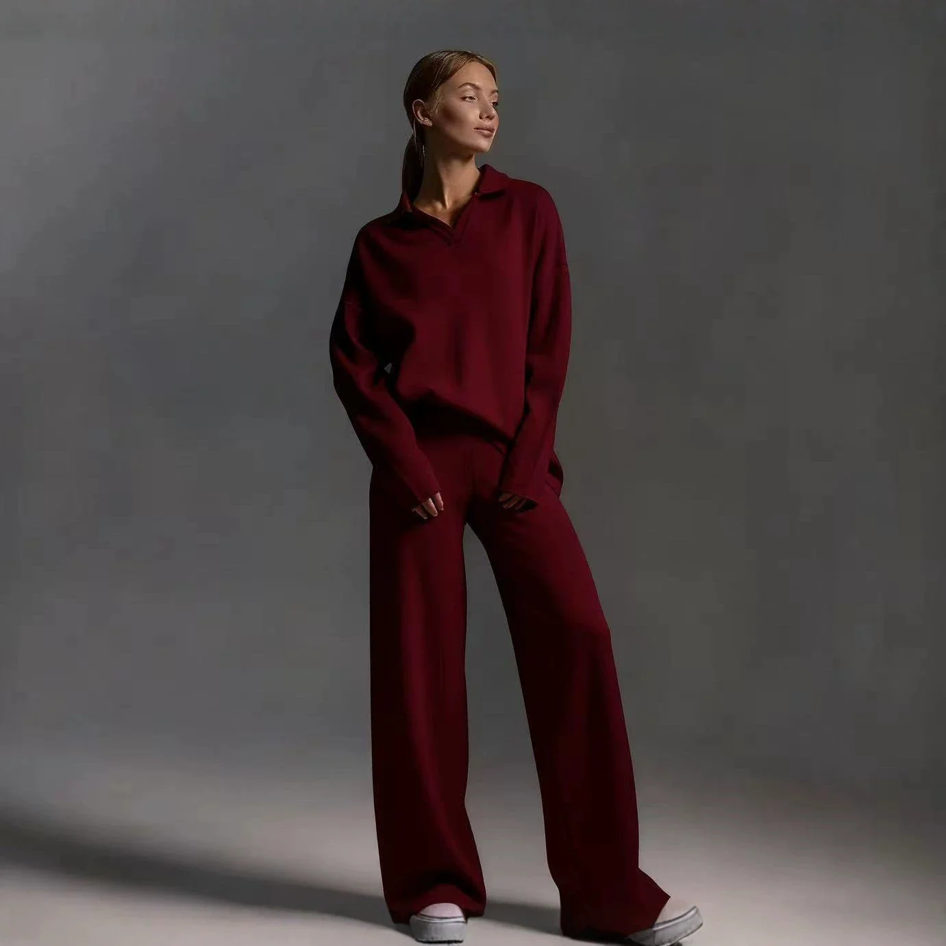 Fashion Tiktok Solid Color Autumn Winter Suit With Polo Neck And Wide Leg Pants Two… — image 6