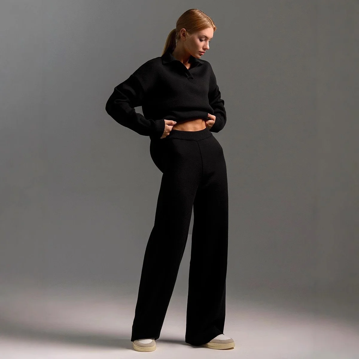 Fashion Tiktok Solid Color Autumn Winter Suit With Polo Neck And Wide Leg Pants Two… — image 2