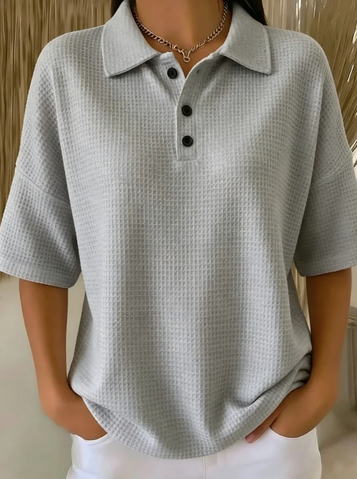 Fashion Waffle Short-sleeved T-shirt Solid Color Button Polo Collar Pullover Loose Top — image 7
