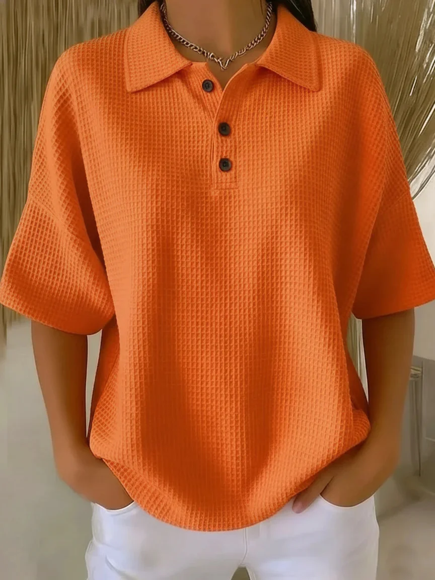 Fashion Waffle Short-sleeved T-shirt Solid Color Button Polo Collar Pullover Loose Top — image 8