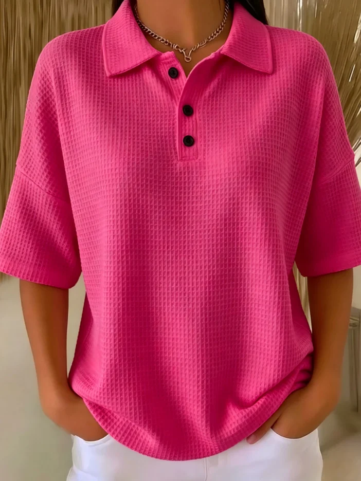 Fashion Waffle Short-sleeved T-shirt Solid Color Button Polo Collar Pullover Loose Top — image 10