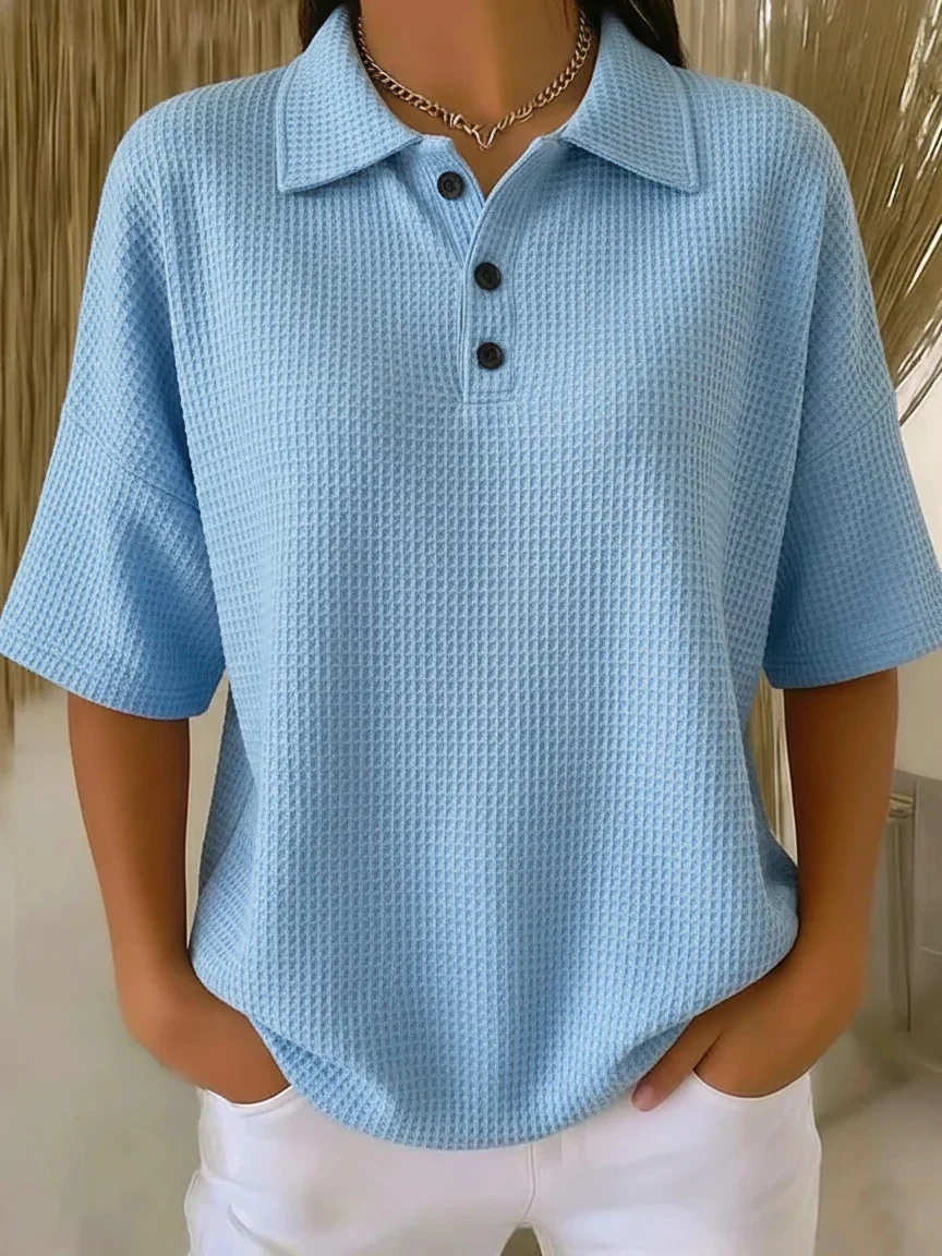 Fashion Waffle Short-sleeved T-shirt Solid Color Button Polo Collar Pullover Loose Top — image 3