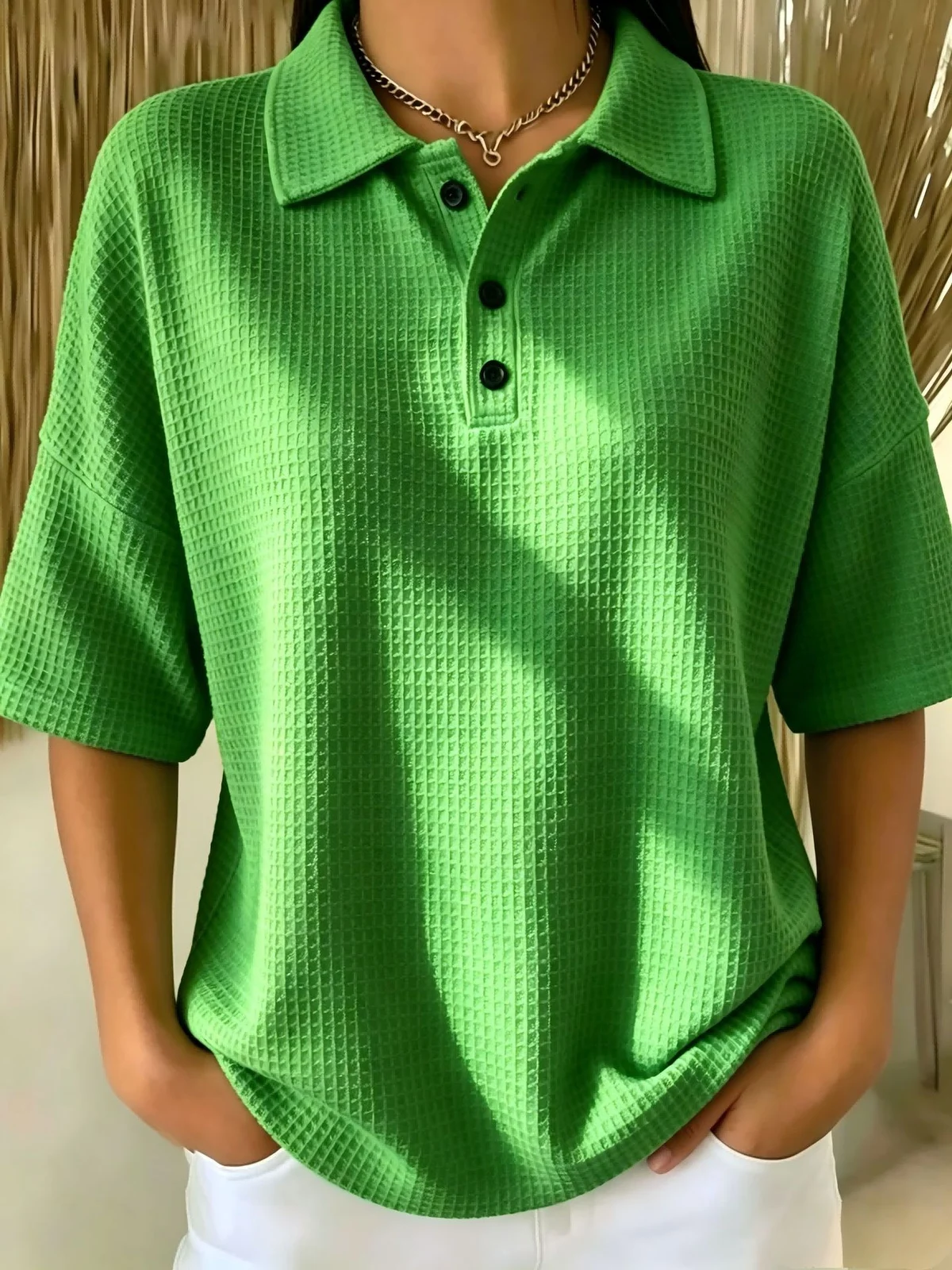 Fashion Waffle Short-sleeved T-shirt Solid Color Button Polo Collar Pullover Loose Top — image 9