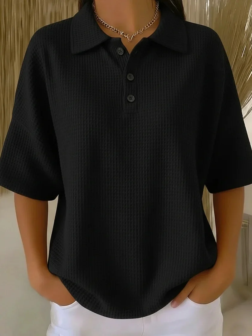 Fashion Waffle Short-sleeved T-shirt Solid Color Button Polo Collar Pullover Loose Top — image 2
