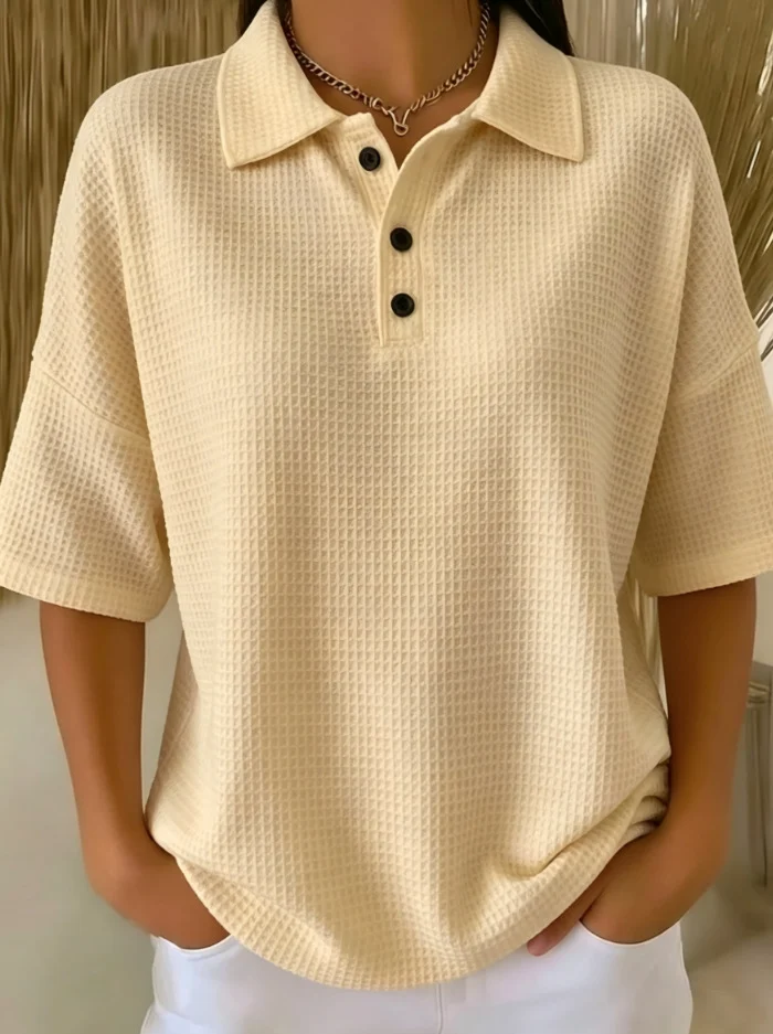 Fashion Waffle Short-sleeved T-shirt Solid Color Button Polo Collar Pullover Loose Top — image 6