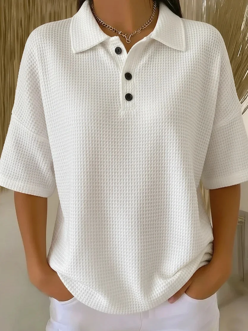 Fashion Waffle Short-sleeved T-shirt Solid Color Button Polo Collar Pullover Loose Top — image 5