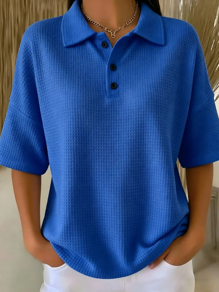 Fashion Waffle Short-sleeved T-shirt Solid Color Button Polo Collar Pullover Loose Top — image 4
