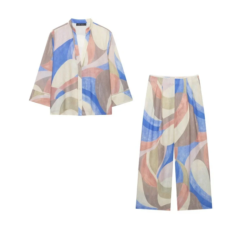 Fashionable Lace-trimmed Printed Top And Wide-leg Pants Set — image 2
