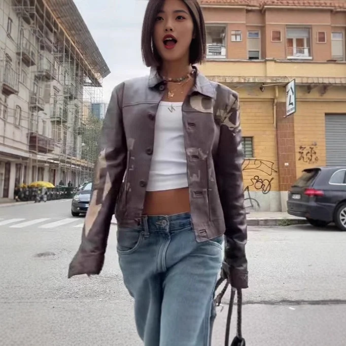 Fashionable Minimalist Versatile Printed Leather Short Jacket With Long Sleeves — image 2