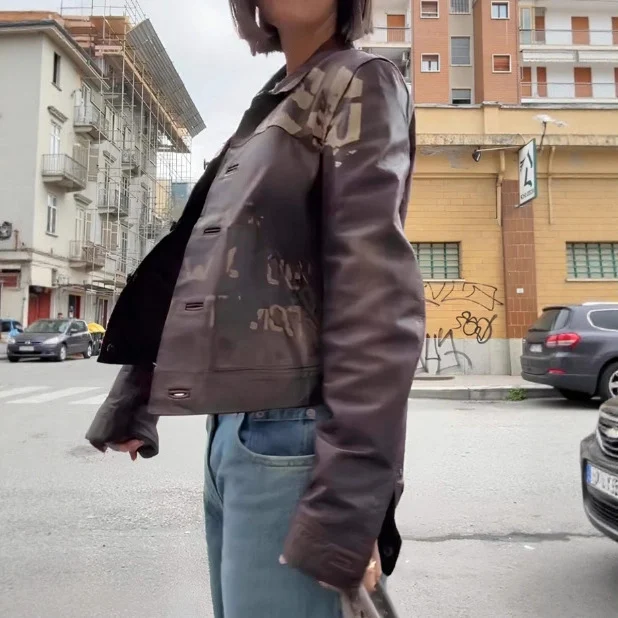 Fashionable Minimalist Versatile Printed Leather Short Jacket With Long Sleeves — image 4