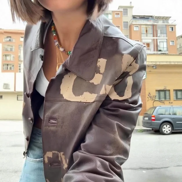 Fashionable Minimalist Versatile Printed Leather Short Jacket With Long Sleeves — image 3