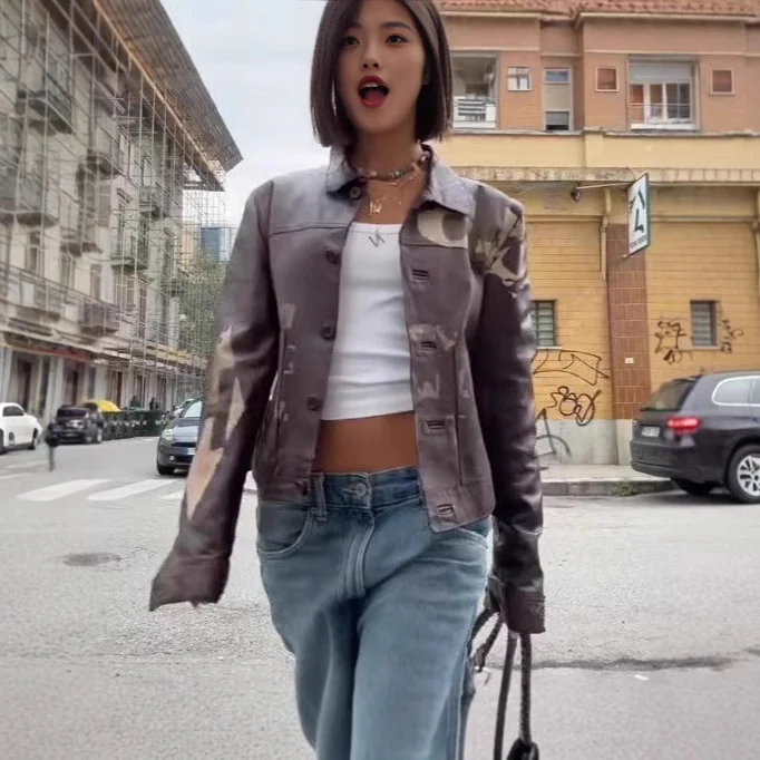 Fashionable Minimalist Versatile Printed Leather Short Jacket With Long Sleeves — image 6