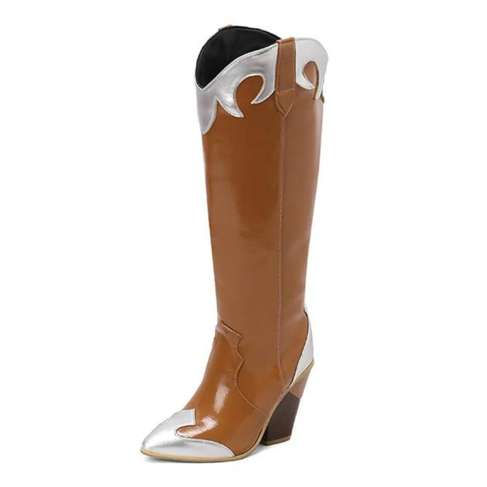 Fashionable Patchwork Leather Knee-high Boots — image 2