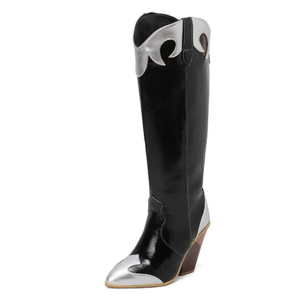 Fashionable Patchwork Leather Knee-high Boots — image 9