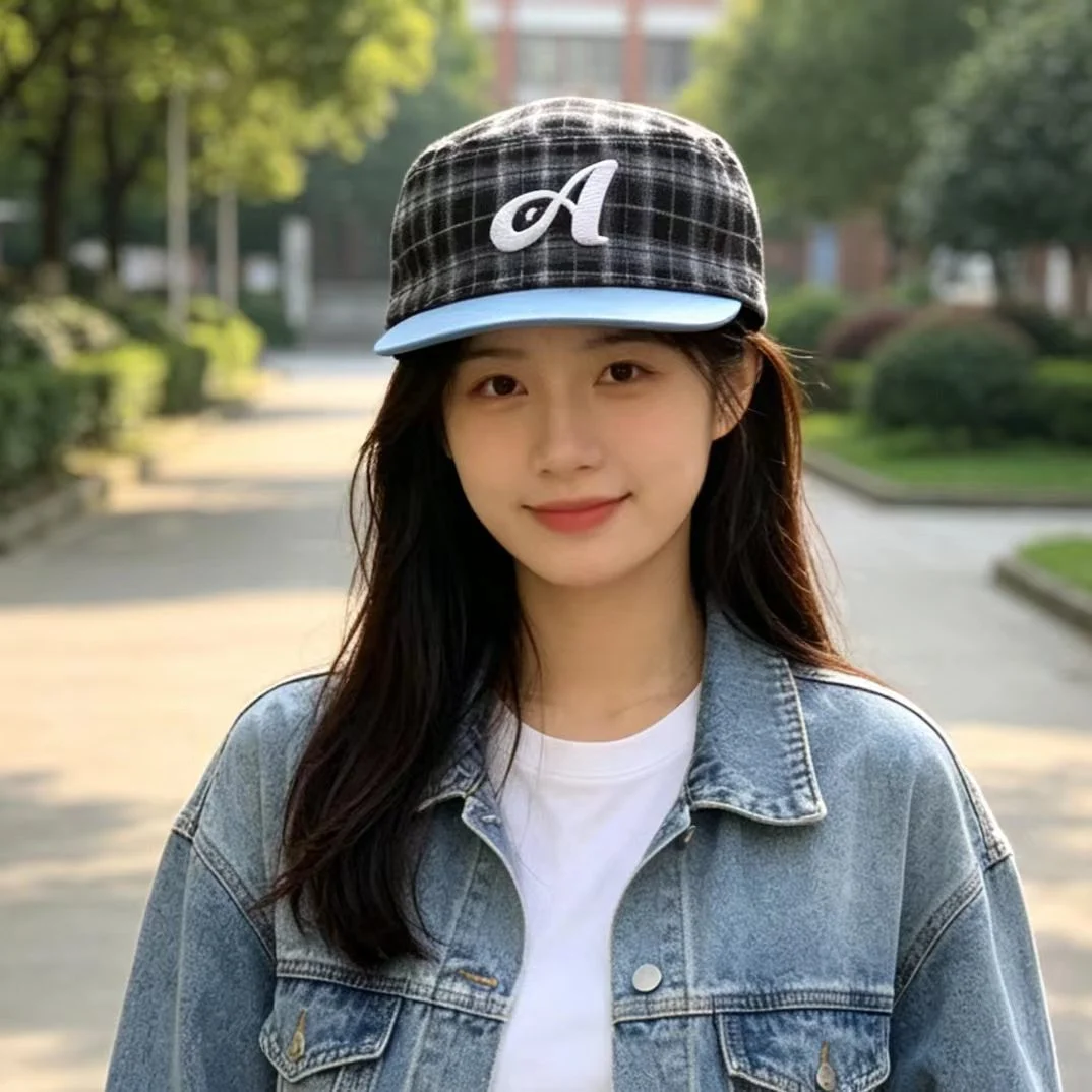 Fashionable Plaid Patchwork Three-dimensional Letter D Flat-brimmed Hat - American… — image 4