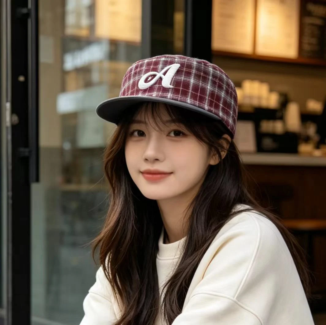 Fashionable Plaid Patchwork Three-dimensional Letter D Flat-brimmed Hat - American… — image 2