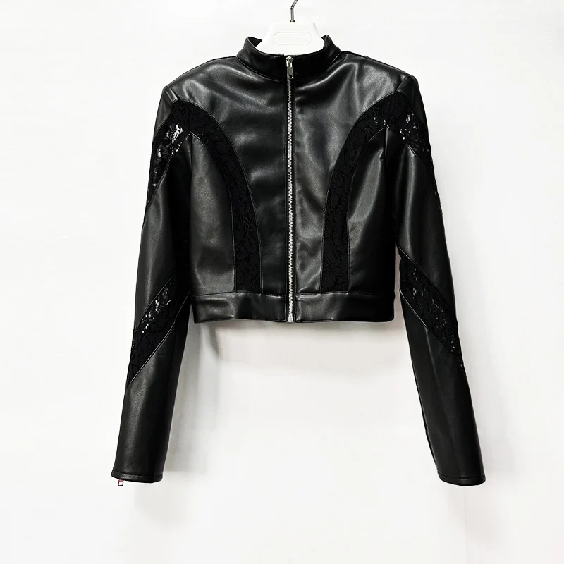 Faux Leather Lace Patchwork Cropped Jacket — image 4