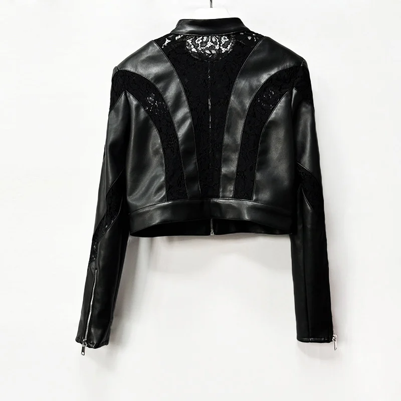 Faux Leather Lace Patchwork Cropped Jacket — image 3