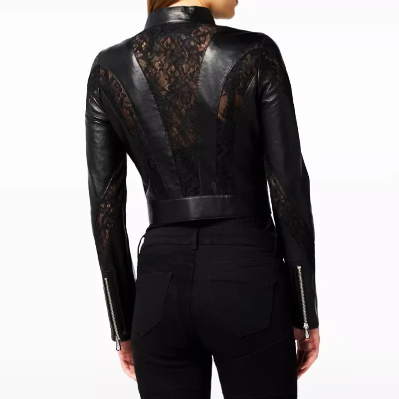 Faux Leather Lace Patchwork Cropped Jacket — image 2
