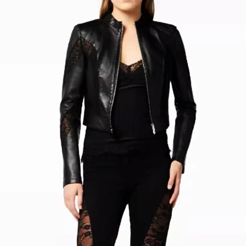 Faux Leather Lace Patchwork Cropped Jacket — image 1