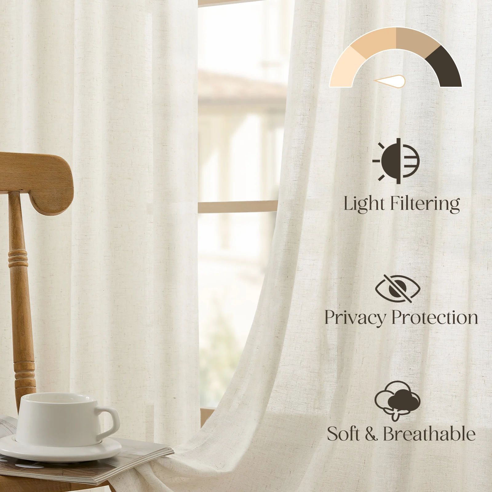 Faux Linen Grommet Sheer Curtains, Solid Color Semi Transparent Voile Curtain Panels,… — image 2