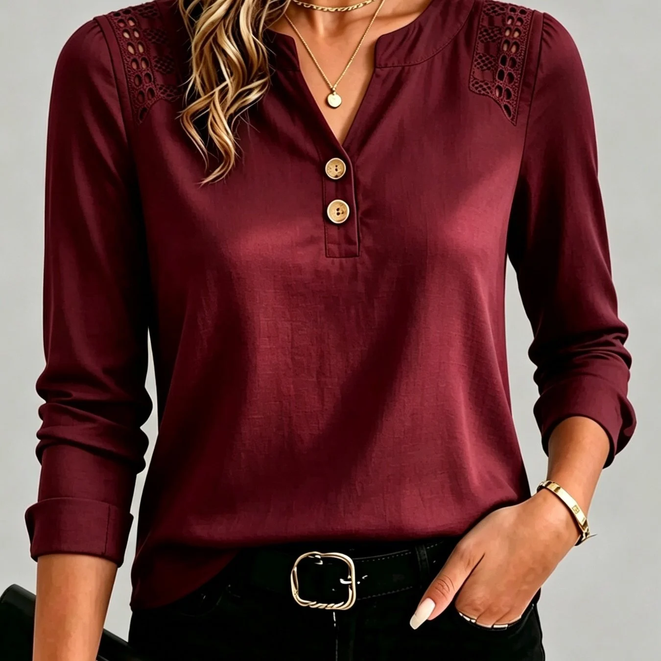 Female Solid Color And V-neck Hollow Button Top — image 1