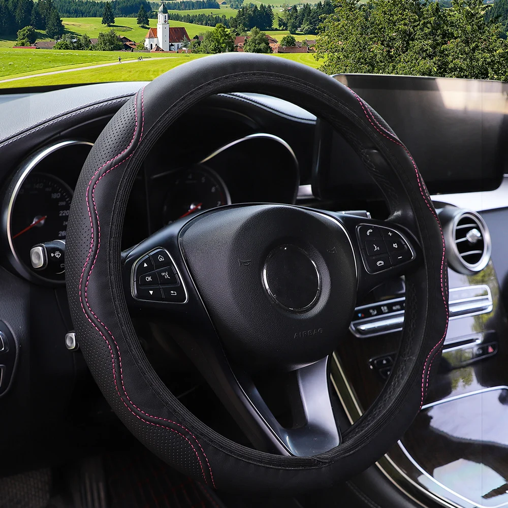 Fiber Leather Embossed Corrugated Elastic Stretch Steering Wheel Cover — image 6