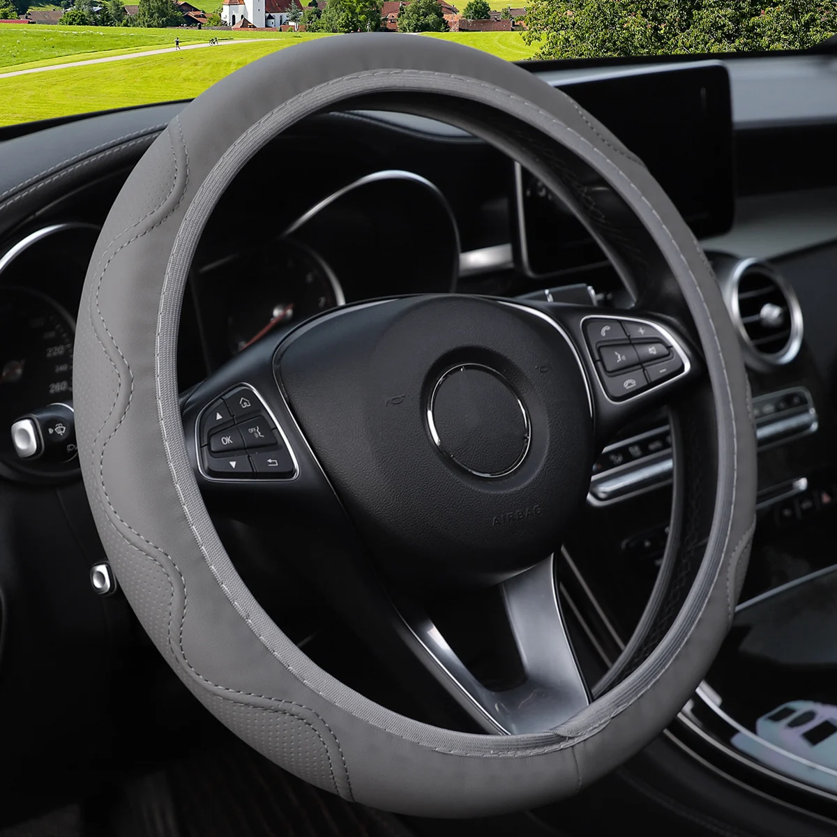 Fiber Leather Embossed Corrugated Elastic Stretch Steering Wheel Cover — image 2