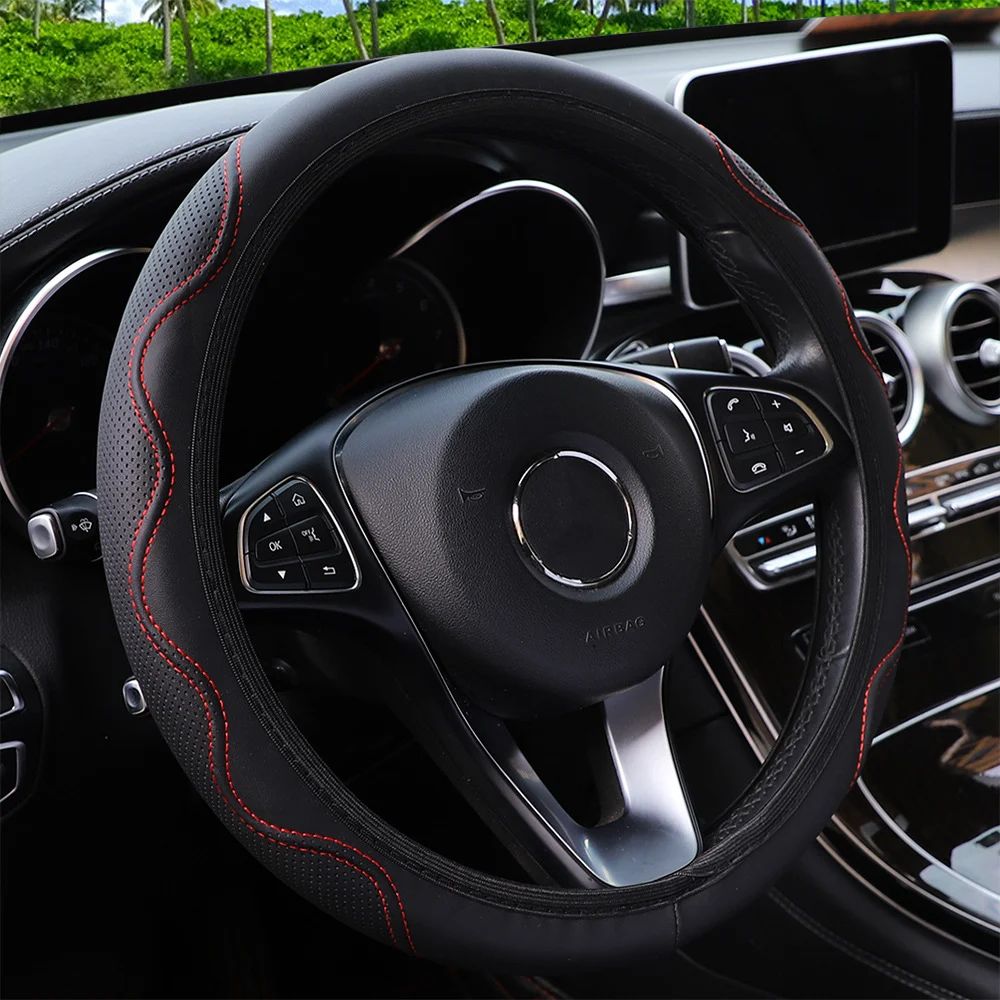 Fiber Leather Embossed Corrugated Elastic Stretch Steering Wheel Cover — image 4
