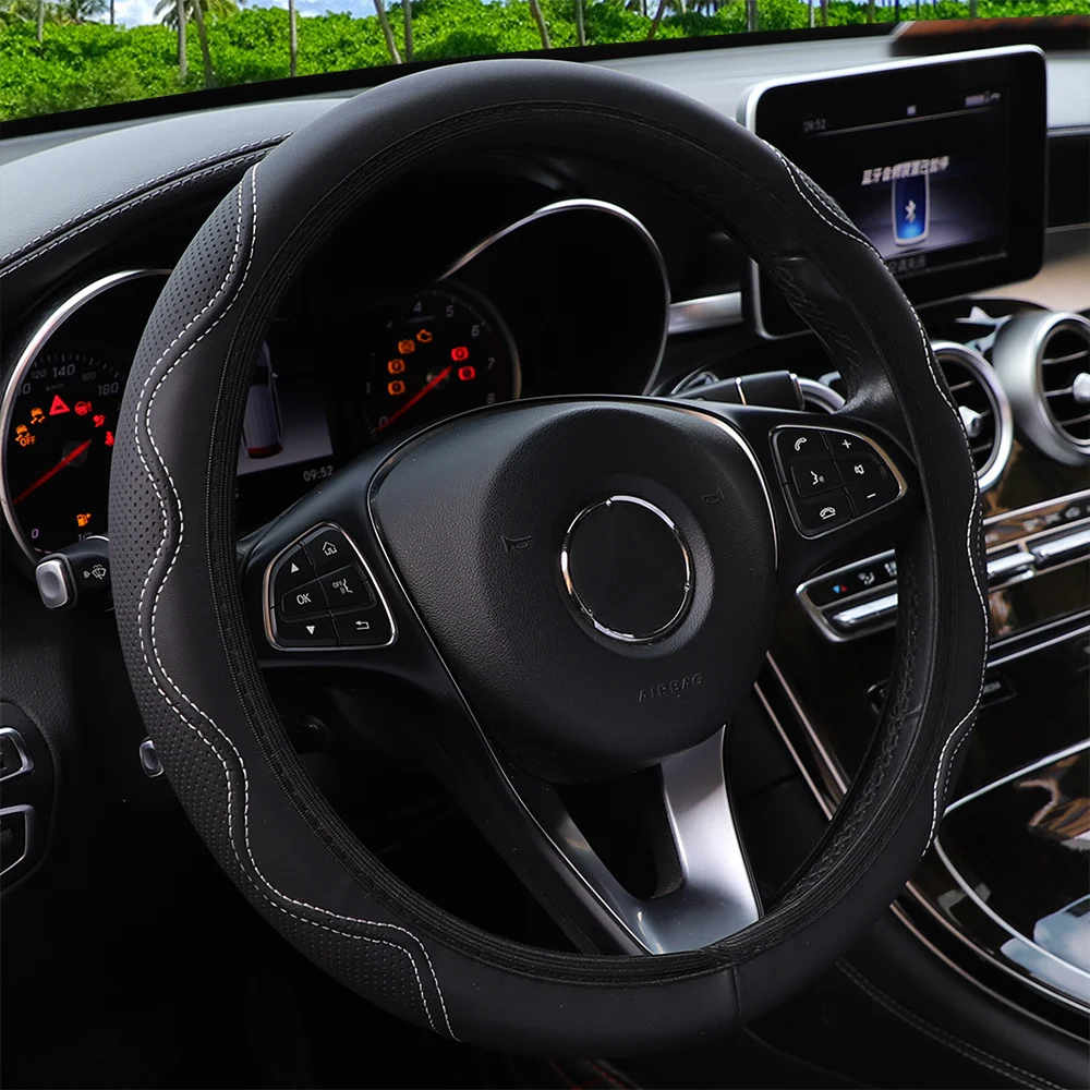 Fiber Leather Embossed Corrugated Elastic Stretch Steering Wheel Cover — image 5