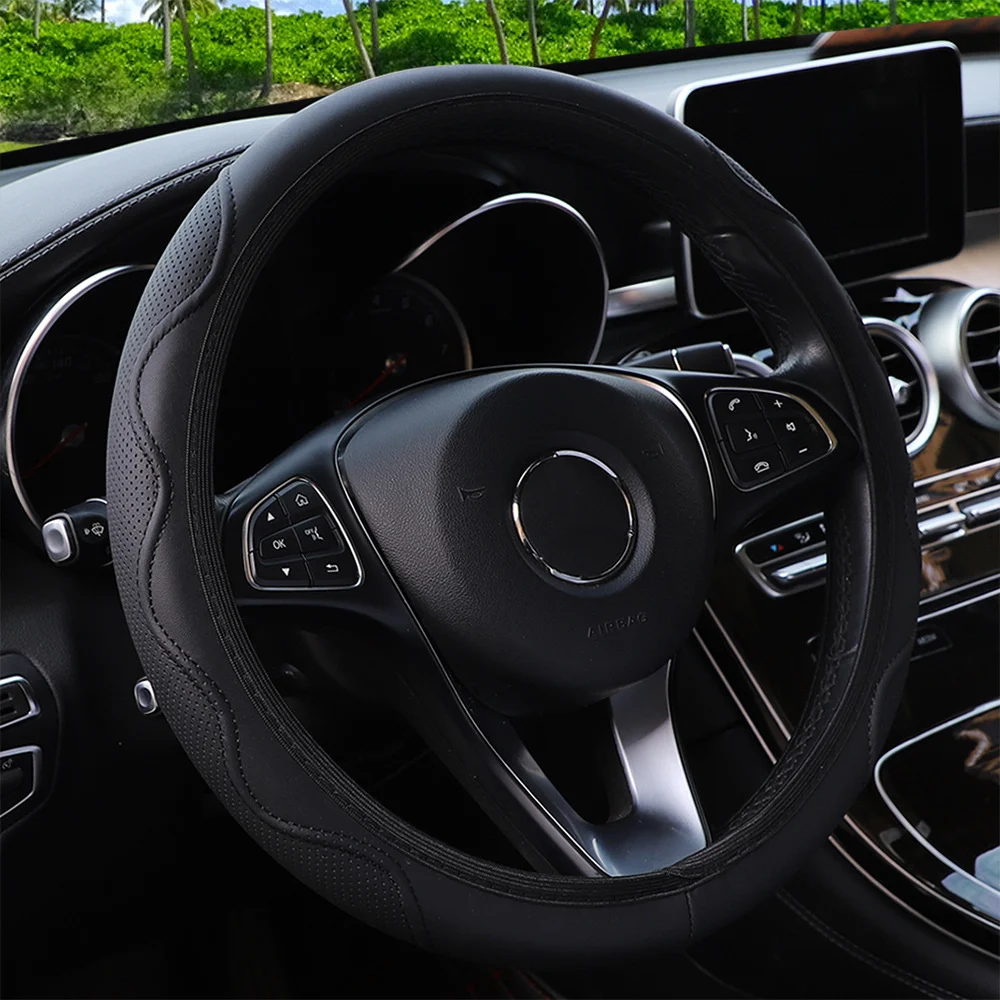Fiber Leather Embossed Corrugated Elastic Stretch Steering Wheel Cover — image 3