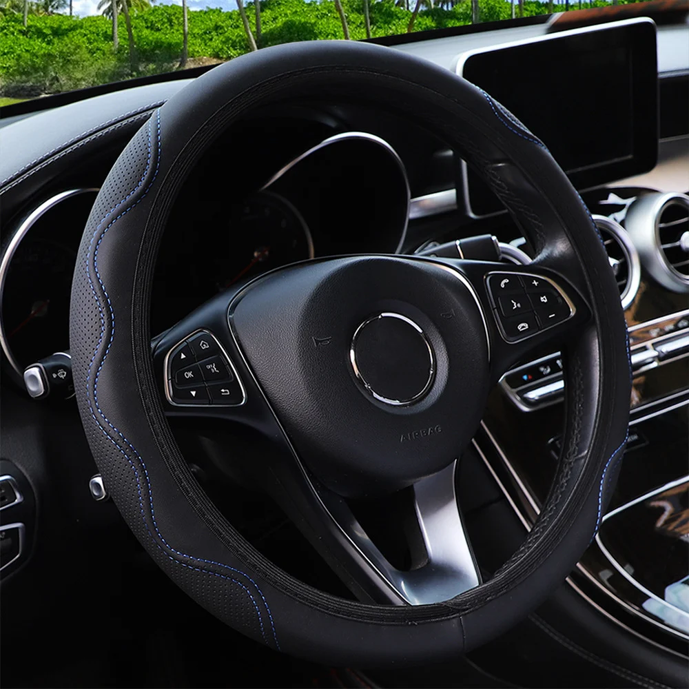Fiber Leather Embossed Corrugated Elastic Stretch Steering Wheel Cover — image 7