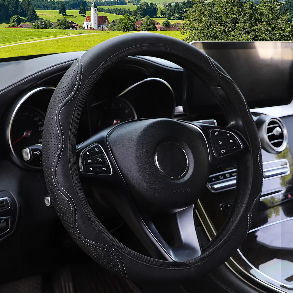 Fiber Leather Embossed Corrugated Elastic Stretch Steering Wheel Cover — image 8