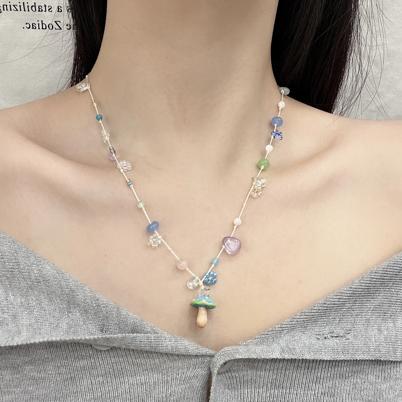 Floral Mushroom Candy-colored Beaded Choker For Women — image 9