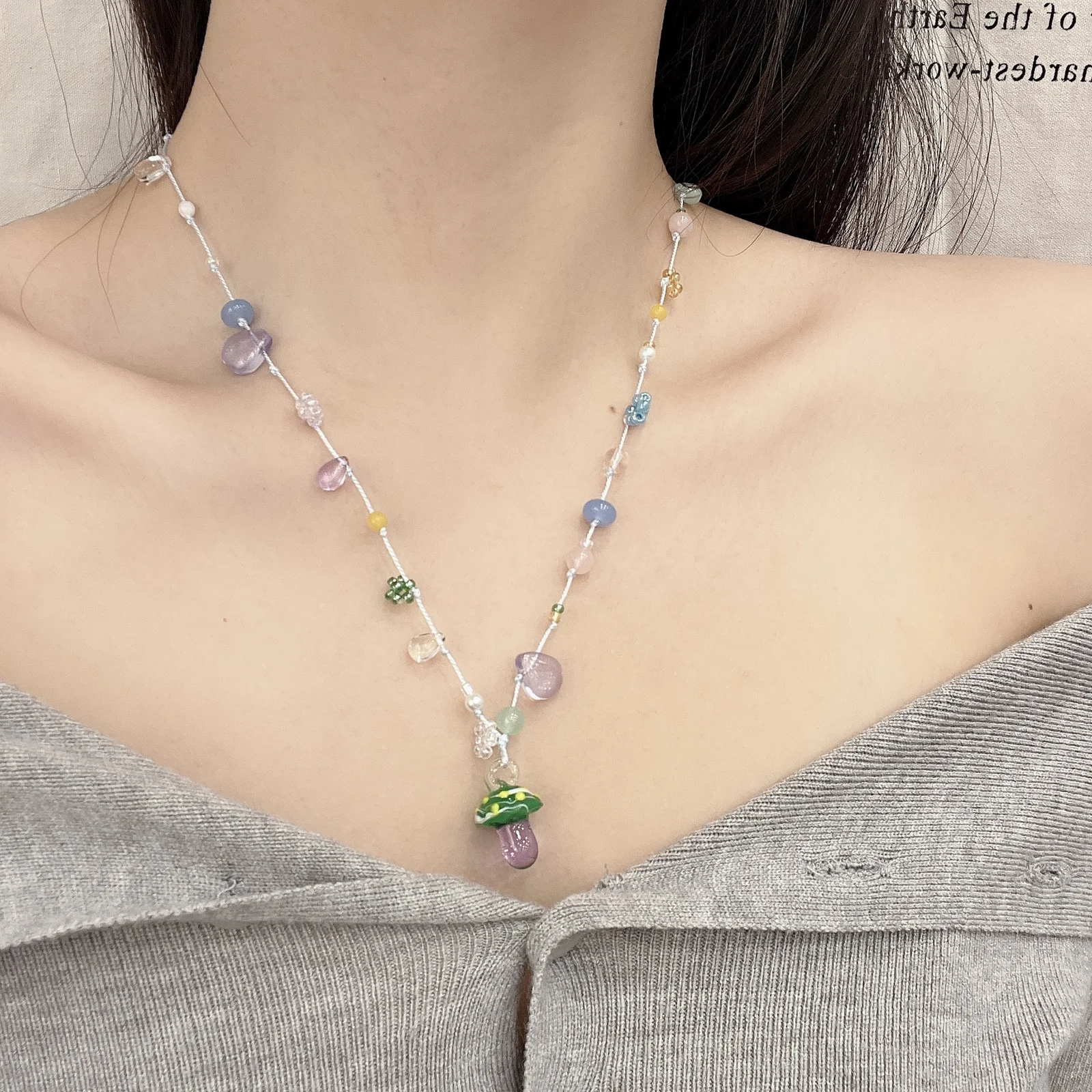 Floral Mushroom Candy-colored Beaded Choker For Women — image 10