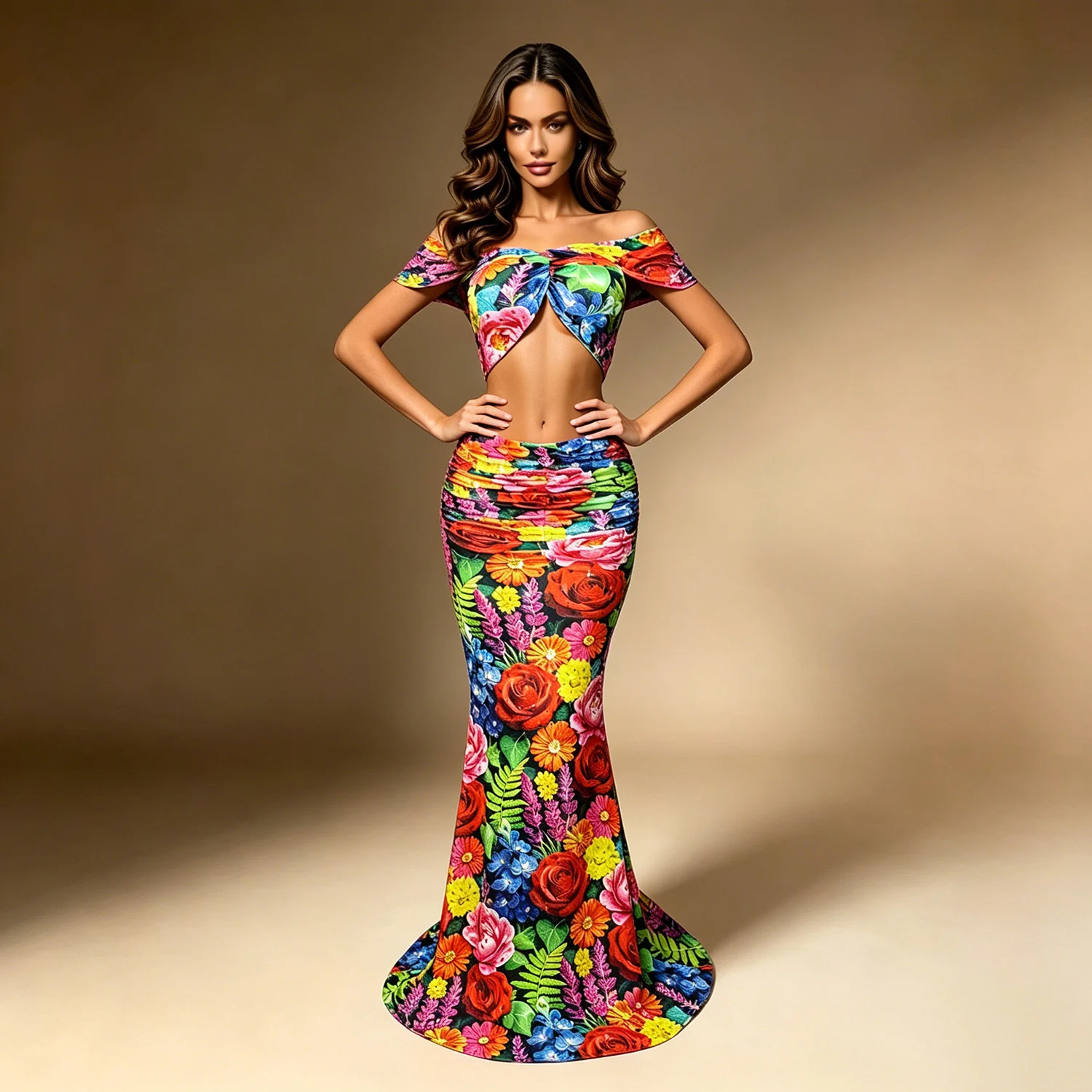 Floral Strapless Off-shoulder Top And Skirt Set — image 5