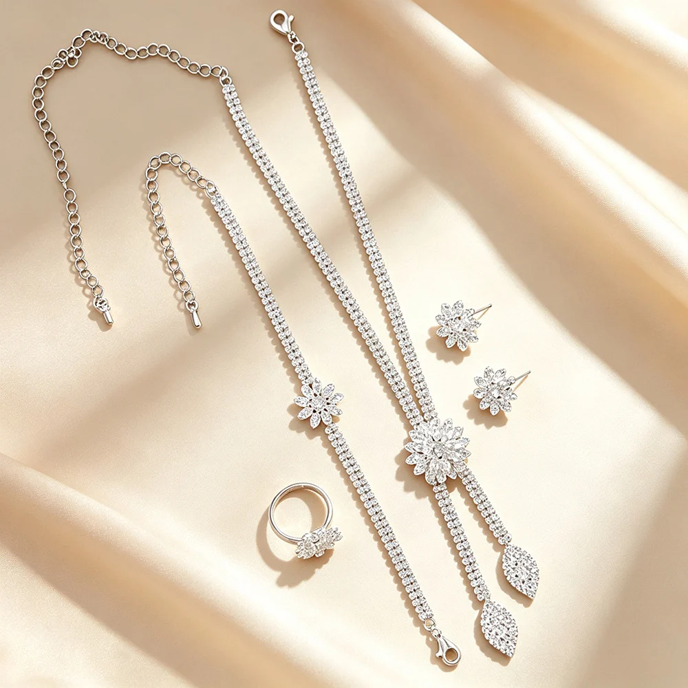 Flower Zircon Necklace Earring Bracelet Three-piece Set — image 4