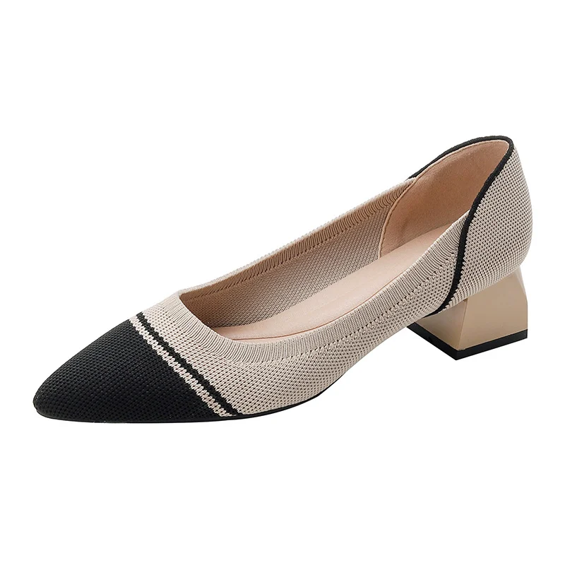 Flyknit Breathable Pointed-toe Chunky-heeled Woven Pumps — image 2