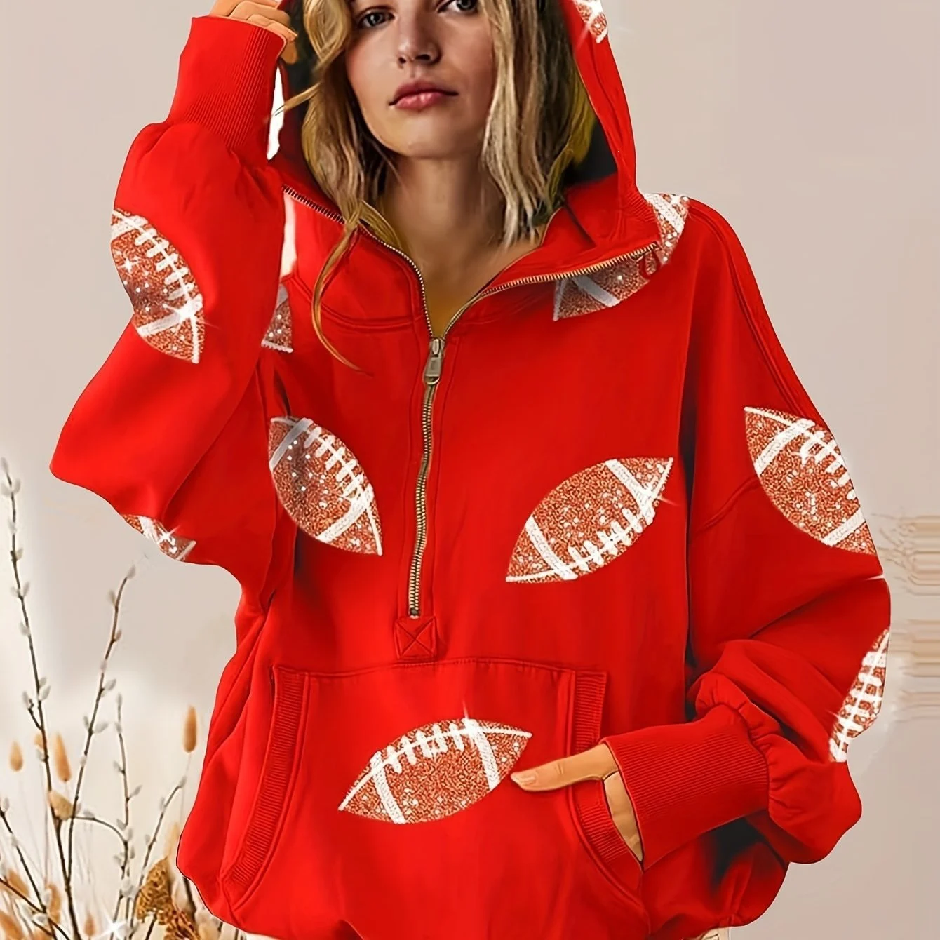 Football Digital Print Hoodie With Long Sleeves And A Zipper — image 3