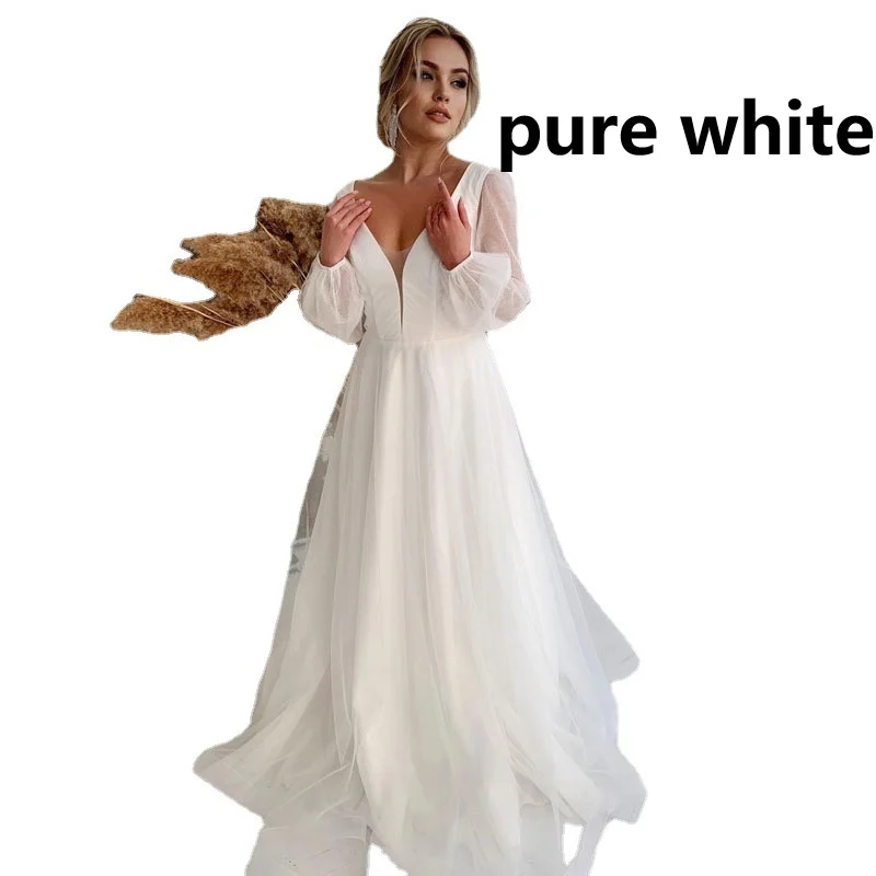 French-style Deep-v Bubble Long-sleeve Light Wedding Dress — image 3