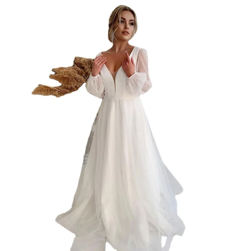 French-style Deep-v Bubble Long-sleeve Light Wedding Dress — image 2