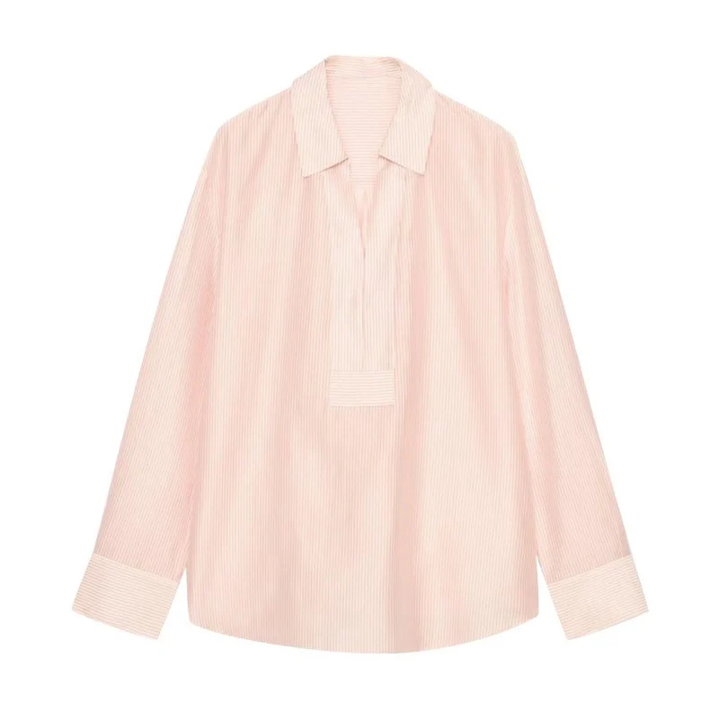 French-style Long-sleeve V-neck Elegant Versatile Striped Work Blouse — image 2
