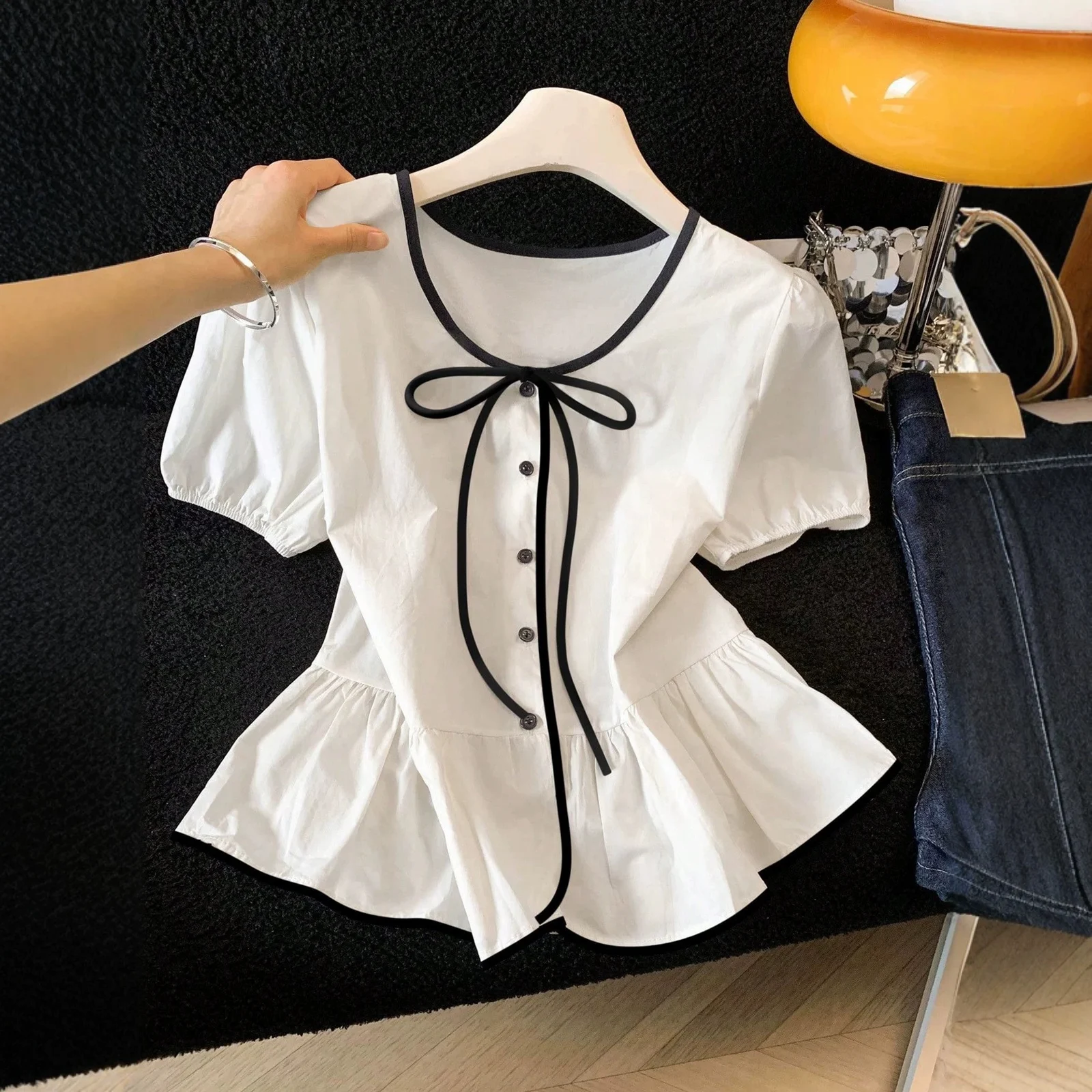 French-style Tie-front Top Versatile And Fashionable Short-sleeve Shirt — image 1