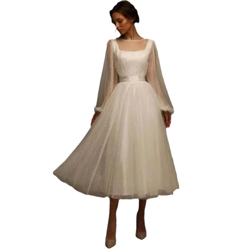 French-style Vintage Square-neck Midi Light Wedding Dress — image 3