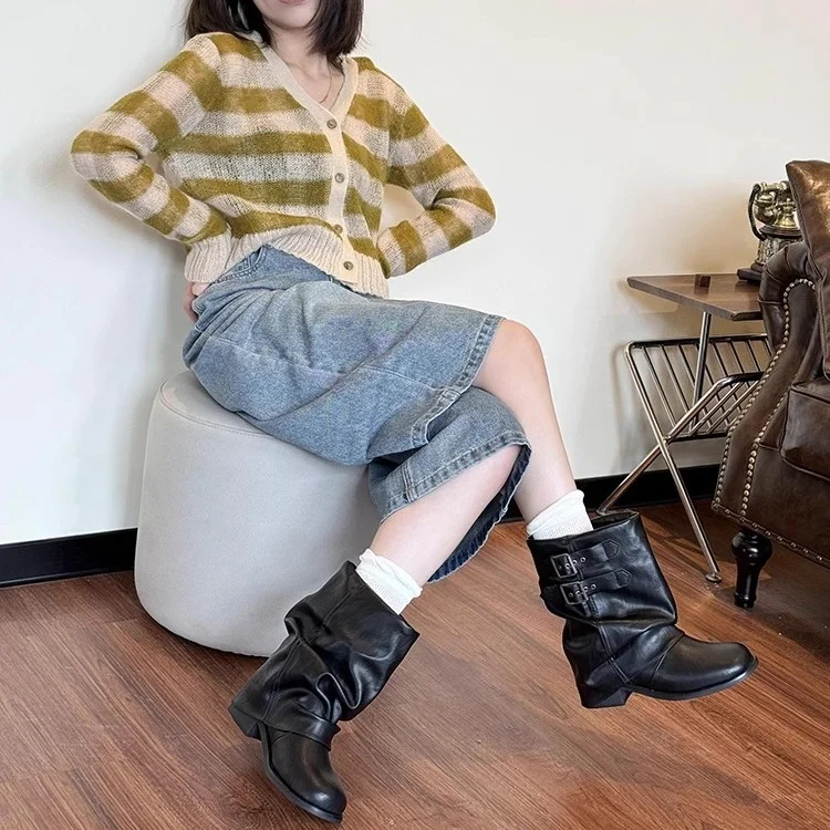 Genuine Leather Black Chunky-sole Ankle Boots — image 4