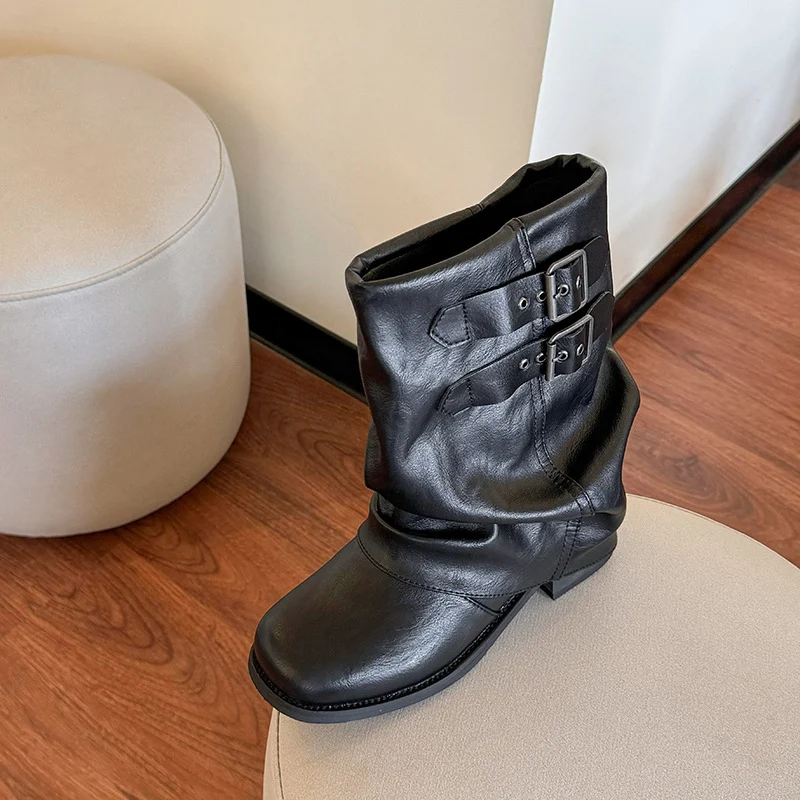 Genuine Leather Black Chunky-sole Ankle Boots — image 3