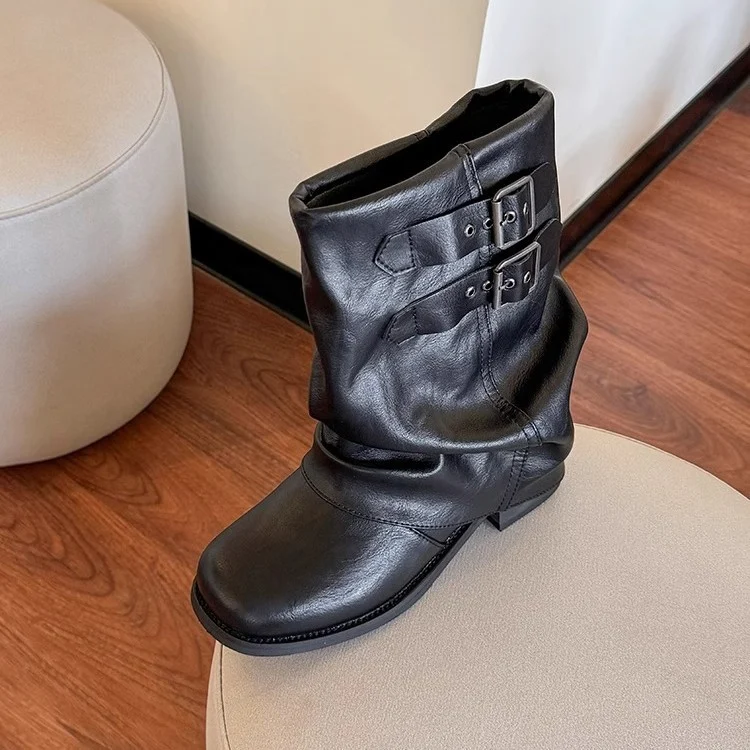Genuine Leather Black Chunky-sole Ankle Boots — image 2