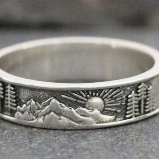 Geometric Sun Mountain Retro Alloy Silver Ring — image 2
