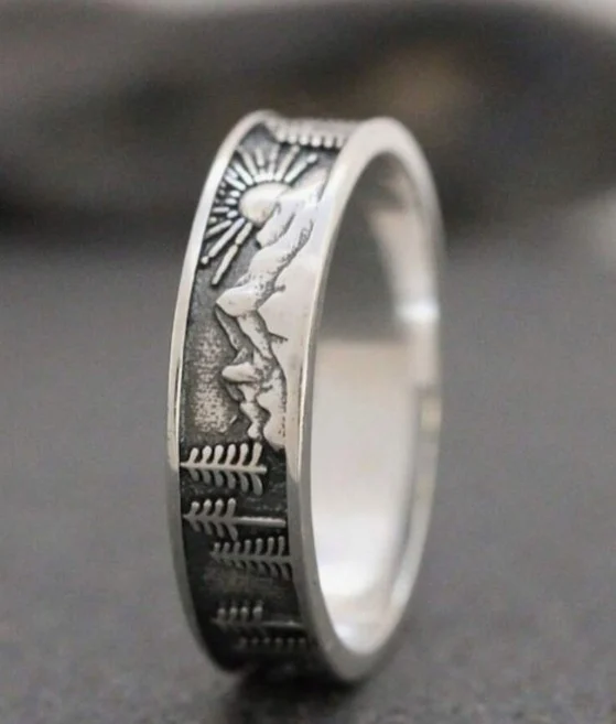 Geometric Sun Mountain Retro Alloy Silver Ring — image 5