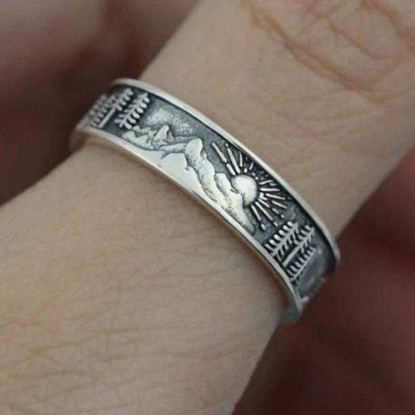 Geometric Sun Mountain Retro Alloy Silver Ring — image 3